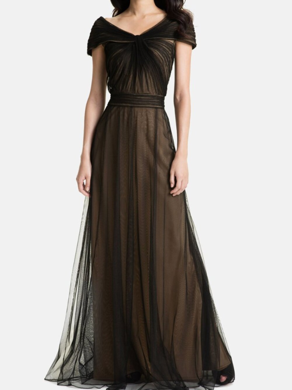 Tadashi Shoji Gown Nude Portrait Collar Pleated Mesh Gown Size 12